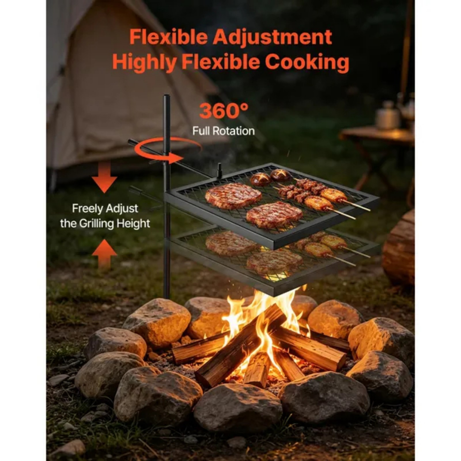 Camping Cooking Over Fire - Усиленный вращающийся гриль для костра, 16-дюймовая